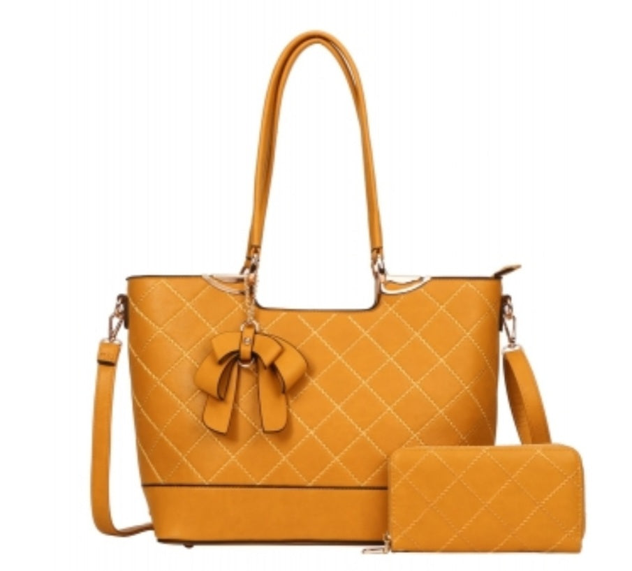Quilted Bow Tote Bag With Wallet Set