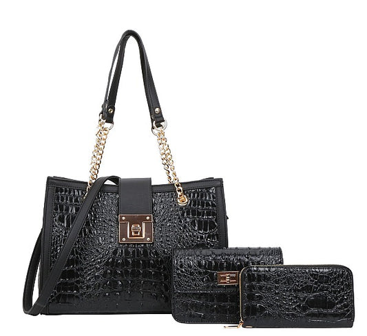 Twist Lock Croc Chained Satchel Set