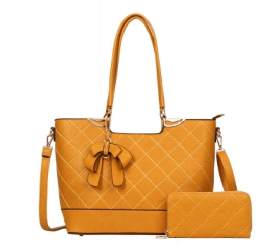 Quilted Bow Tote Bag With Wallet Set