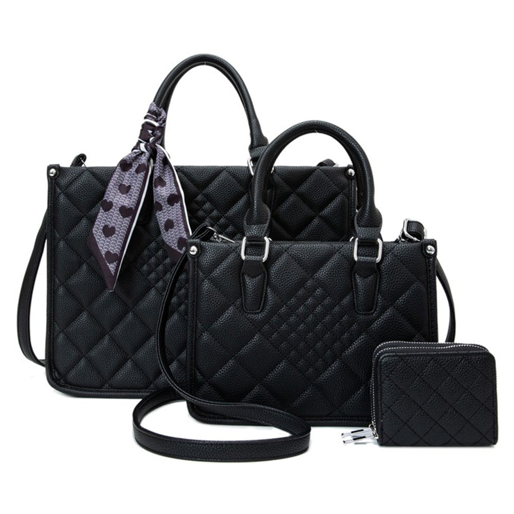 3IN1 QUILTED SATCHEL WITH MATCHING BAG AND WALLET SET