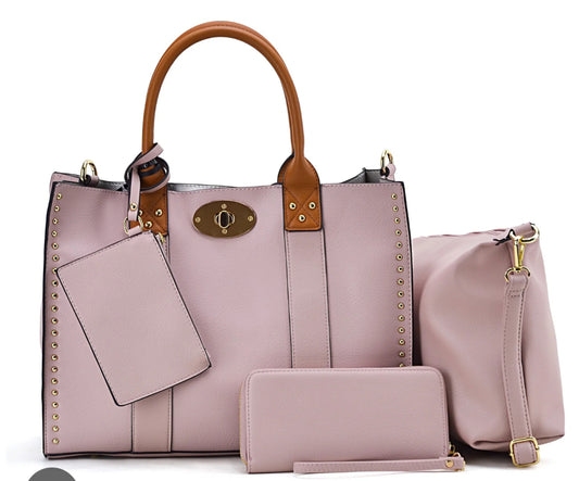 Studded Twist-Lock 4-Piece Handbag (Apricot)